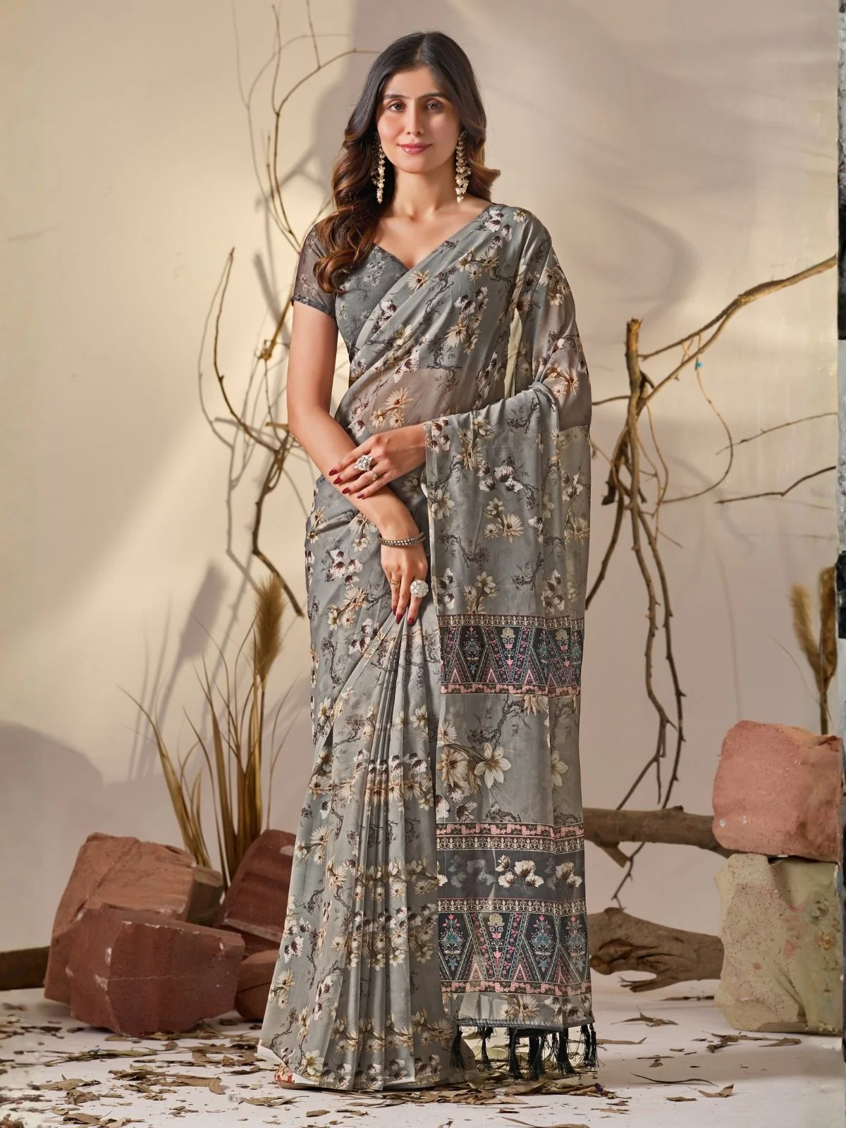 Odette Grey Georgette Printed Saree For Women