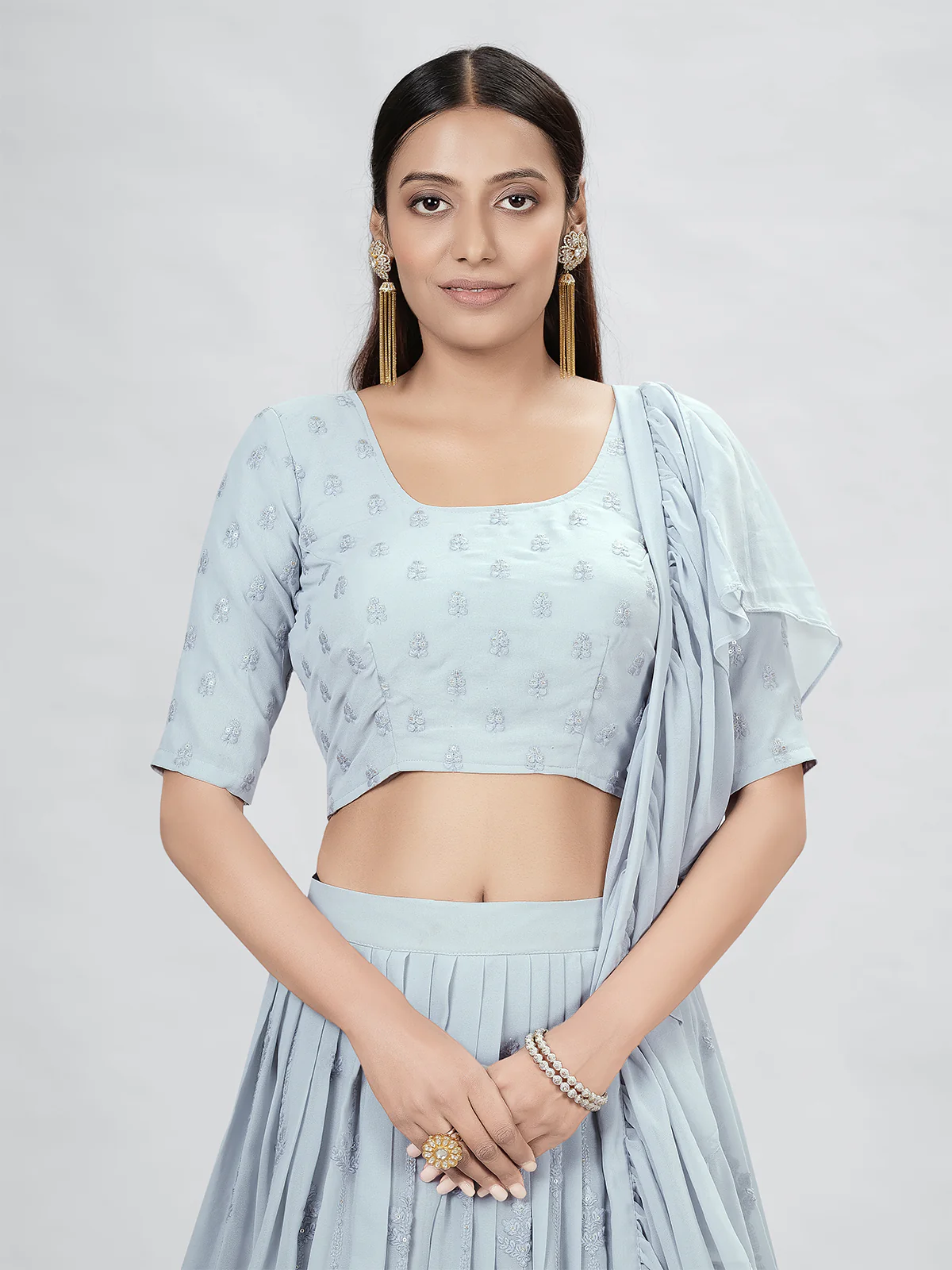 Odette Grey Georgette Printed Semi Stitched Lehenga With Unstitched Blouse For Women - Image 4