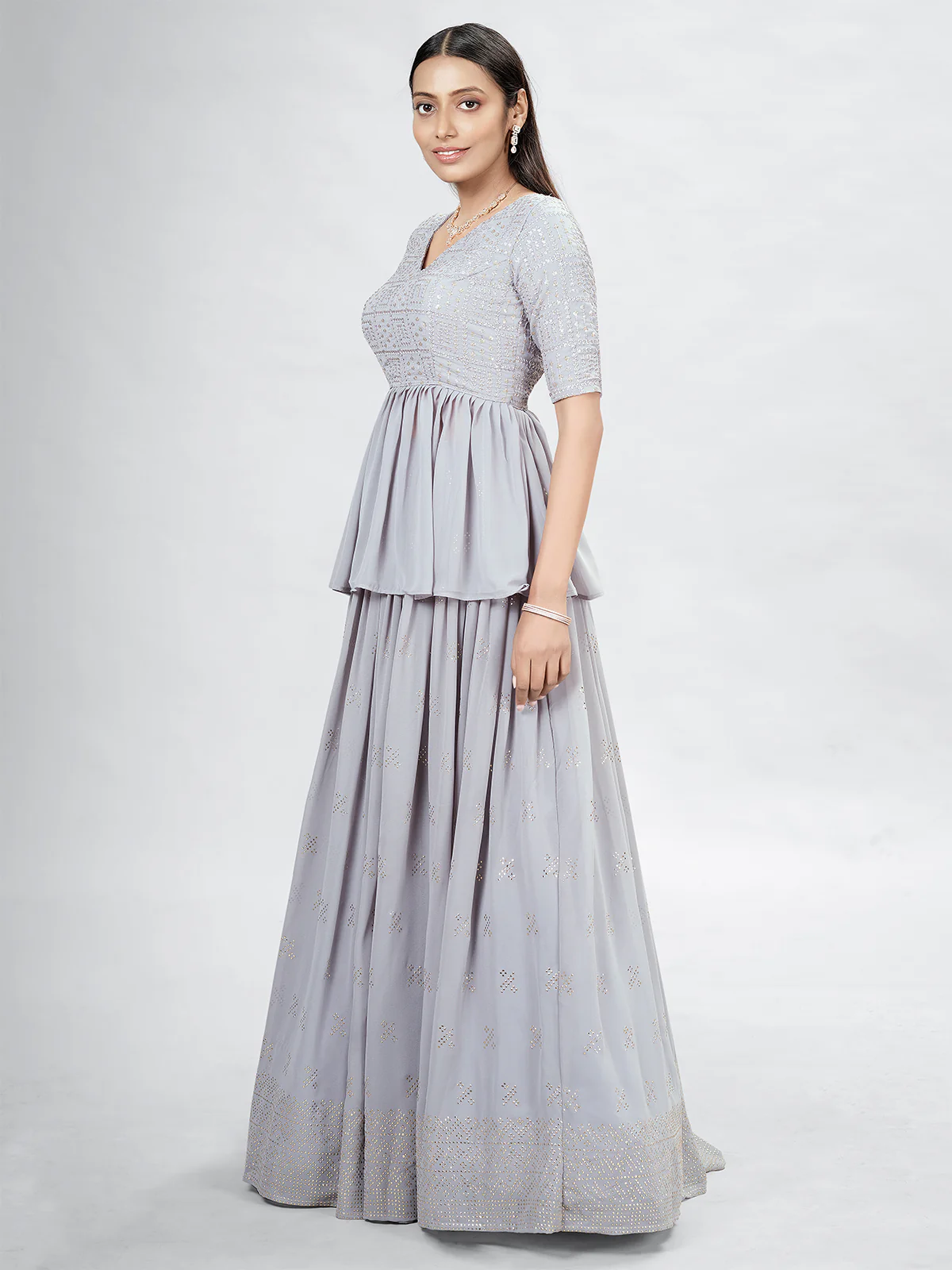 Odette Grey Georgette Printed Semi Stitched Lehenga With Unstitched Blouse For Women - Image 2
