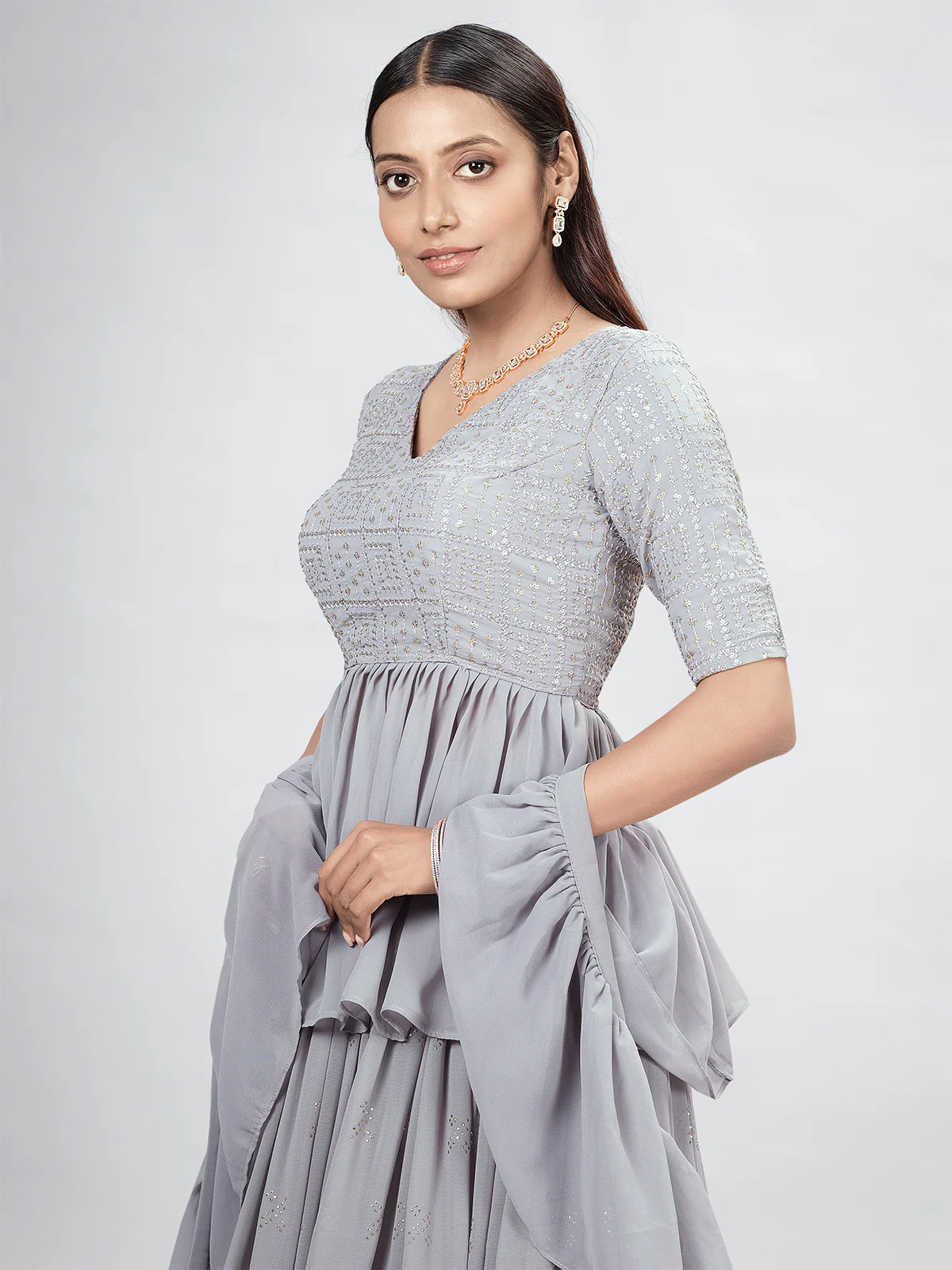 Odette Grey Georgette Printed Semi Stitched Lehenga With Unstitched Blouse For Women - Image 3