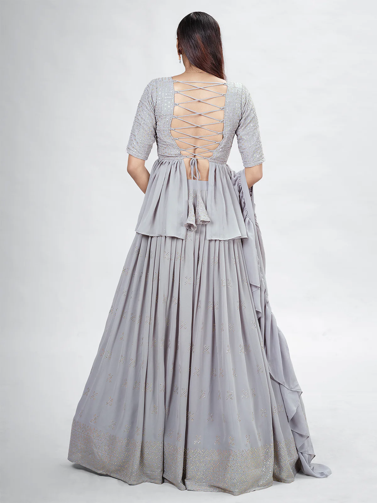 Odette Grey Georgette Printed Semi Stitched Lehenga With Unstitched Blouse For Women - Image 4