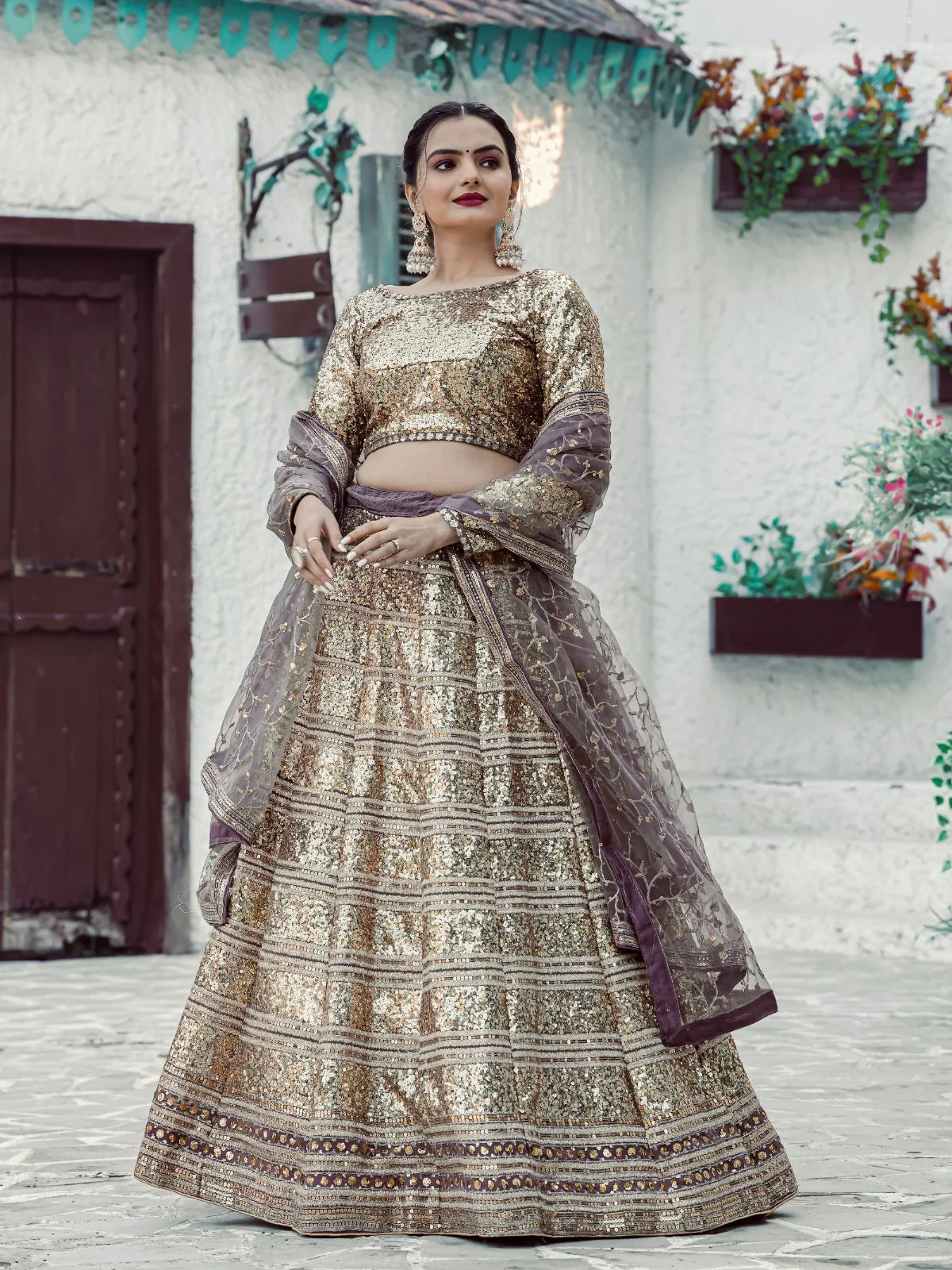Odette Gold & Grey Georgette Semi Stitched Lehenga with unstitched Blouse for Women - Image 2
