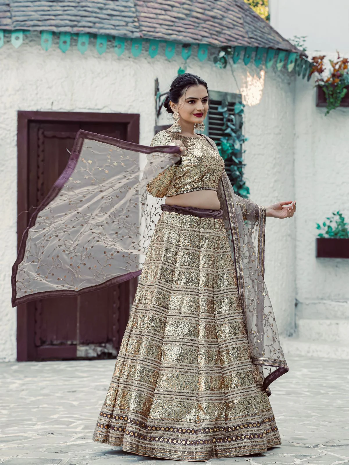 Odette Gold & Grey Georgette Semi Stitched Lehenga with unstitched Blouse for Women - Image 3