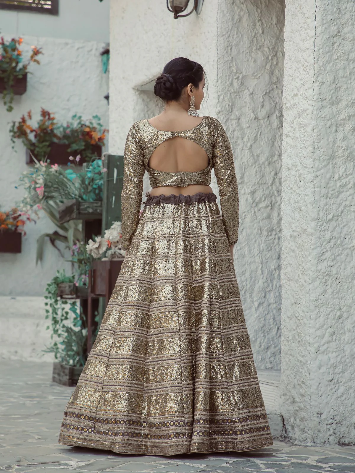 Odette Gold & Grey Georgette Semi Stitched Lehenga with unstitched Blouse for Women - Image 4