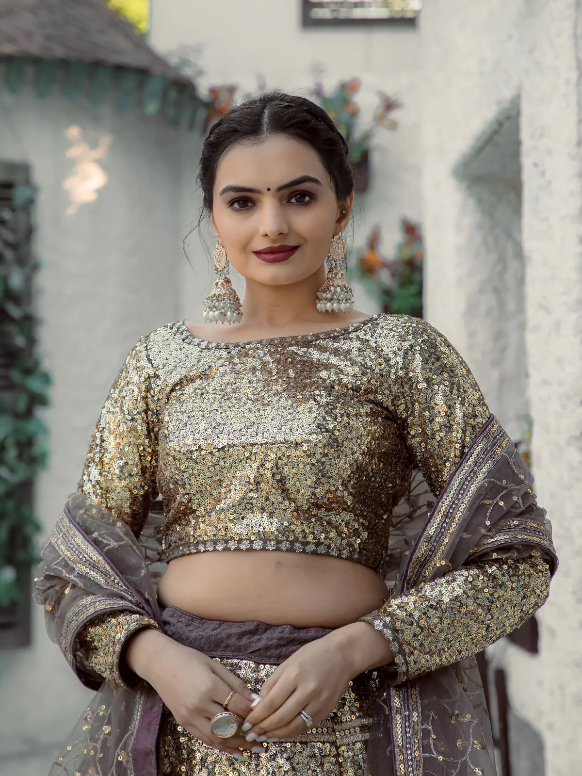 Odette Gold & Grey Georgette Semi Stitched Lehenga with unstitched Blouse for Women - Image 5