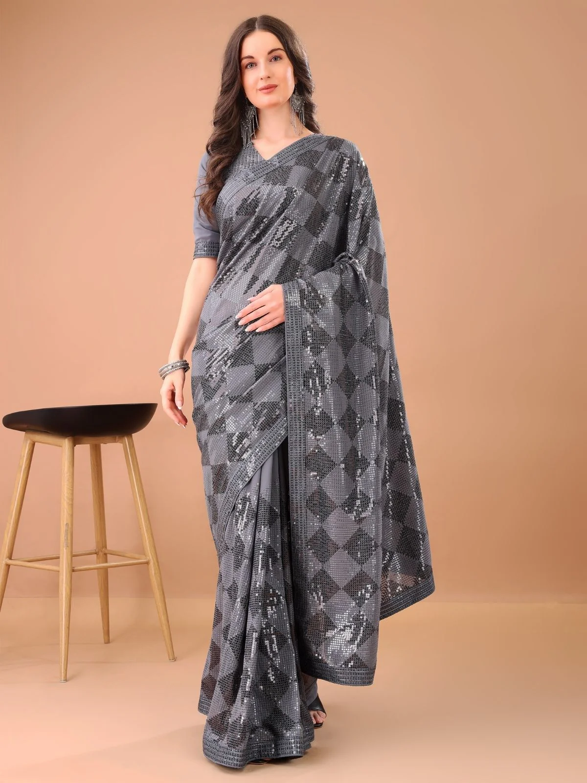 Odette Grey Georgette Sequin Elegant Saree For Women