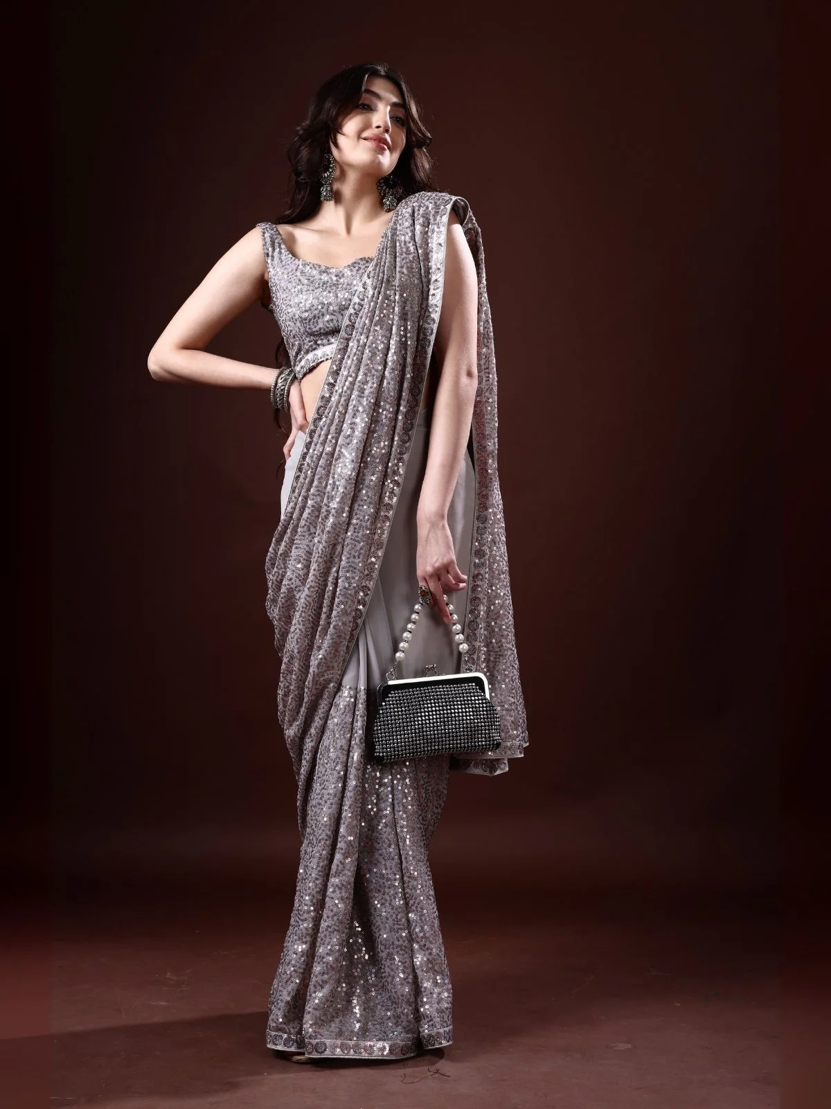 Odette Grey Georgette Sequin Elegant Saree For Women - Image 2