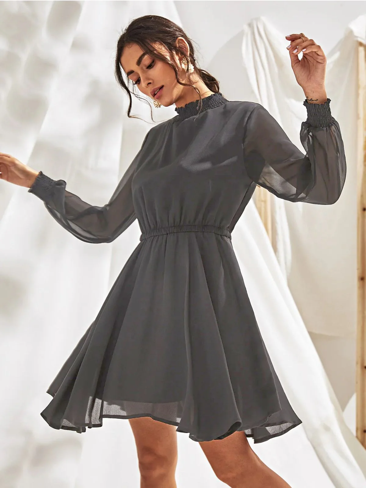 Odette Grey Georgette Solid Dress For Women - Image 2