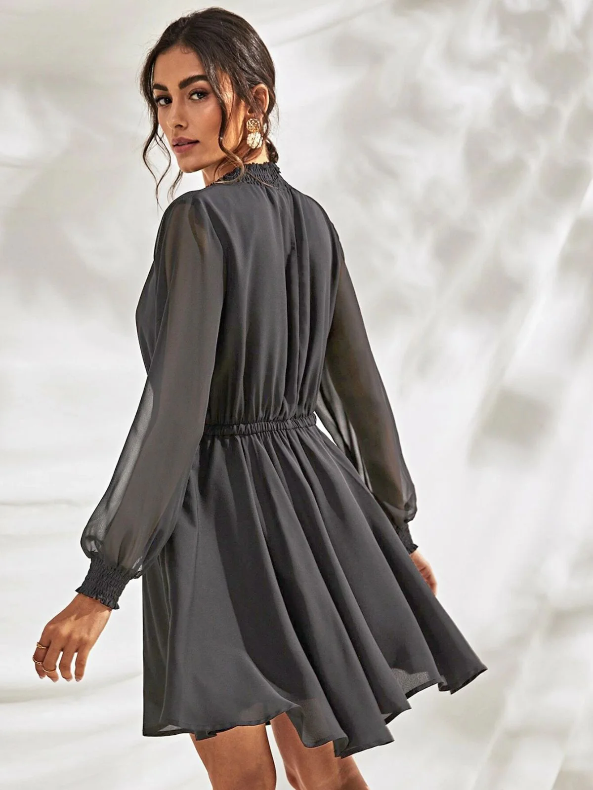 Odette Grey Georgette Solid Dress For Women - Image 4