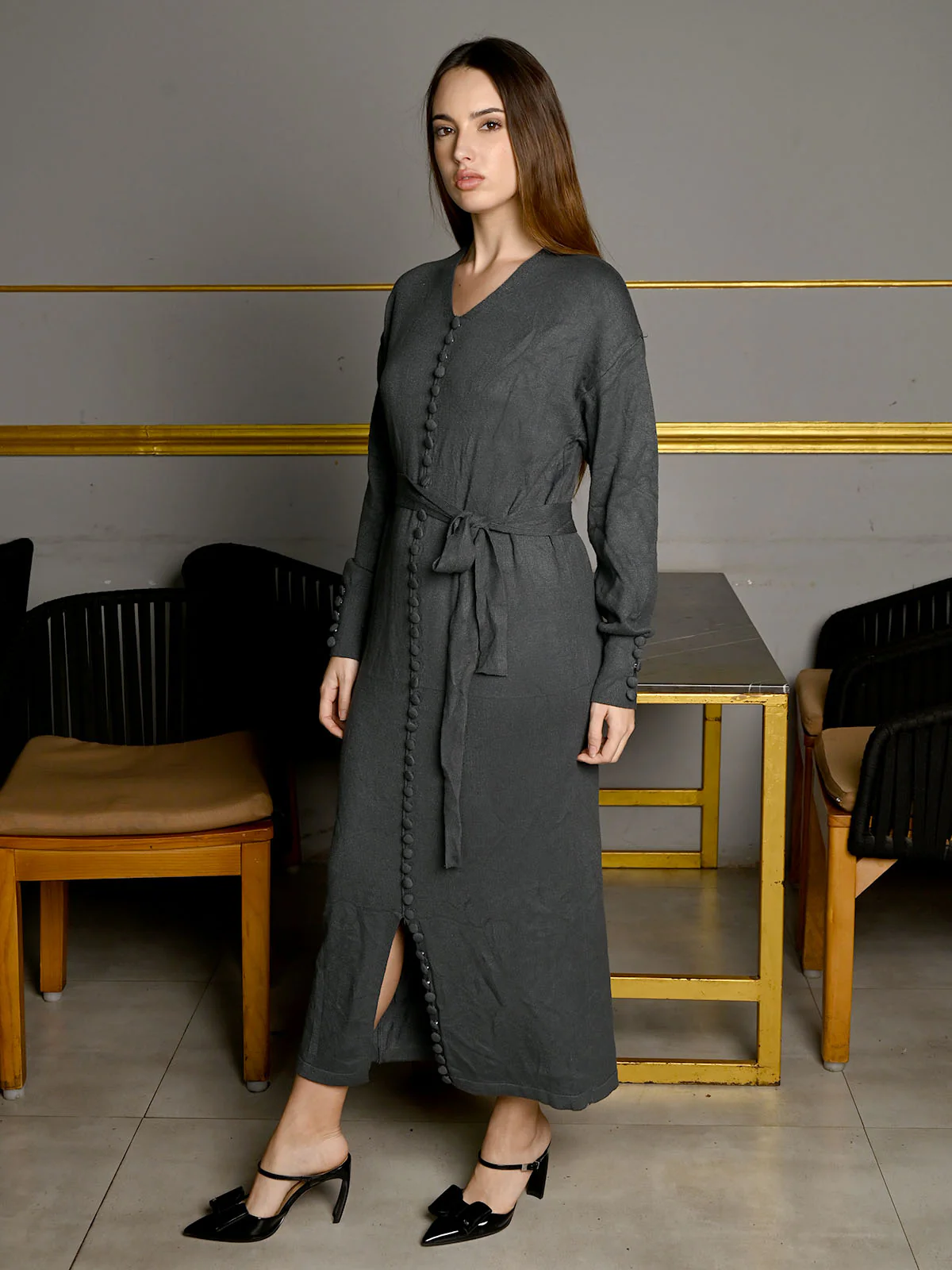 Odette Grey Jersey Solid Long Dress For Women - Image 2