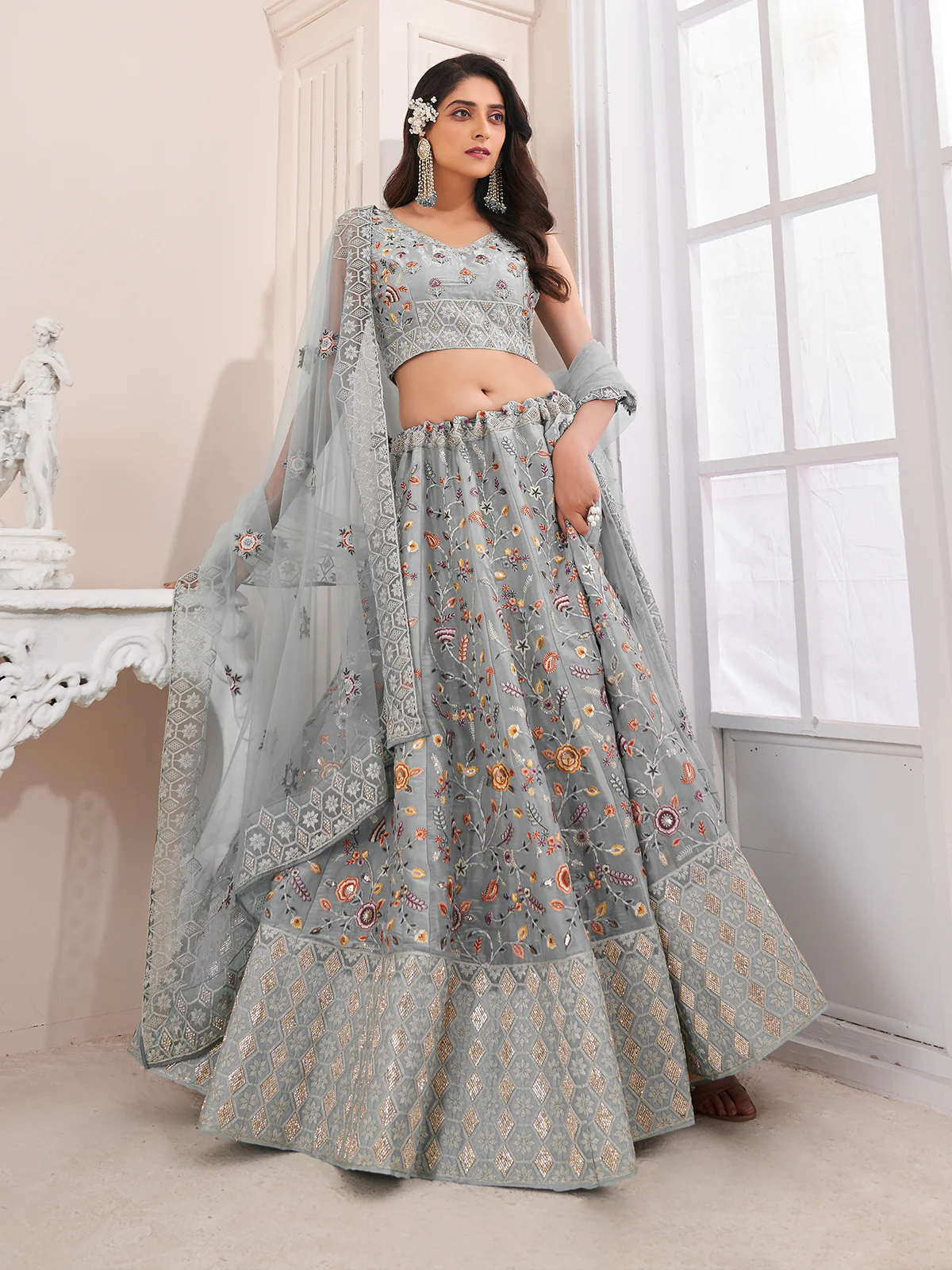 Odette Grey Organza Blend Embroidered Semi Stitched Lehenga With Unstitched Blouse for Women - Image 2