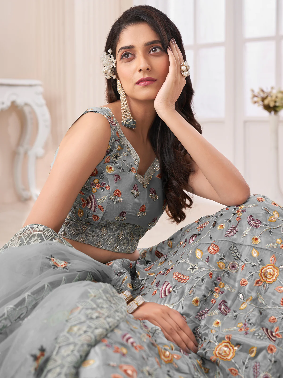Odette Grey Organza Blend Embroidered Semi Stitched Lehenga With Unstitched Blouse for Women - Image 4