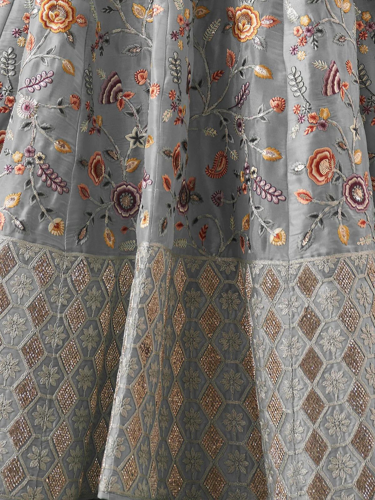Odette Grey Organza Blend Embroidered Semi Stitched Lehenga With Unstitched Blouse for Women - Image 5