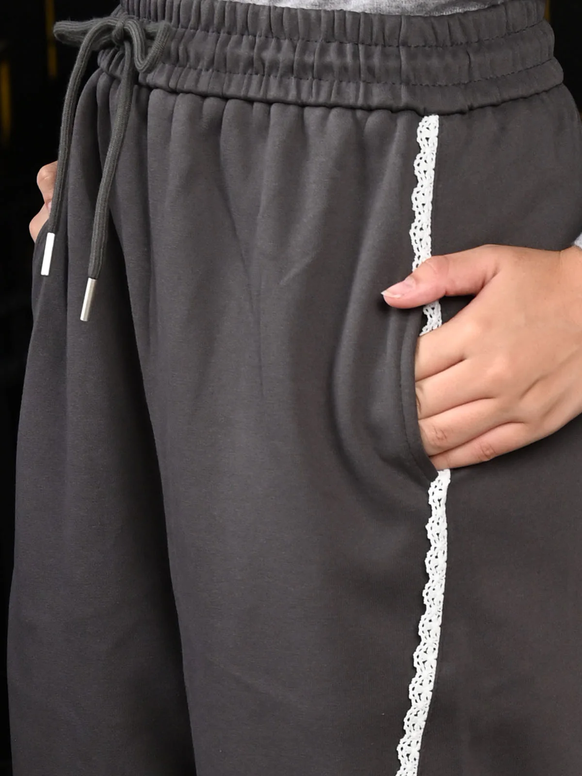Odette Grey Knit Fabric Solid Trousers For Women - Image 5