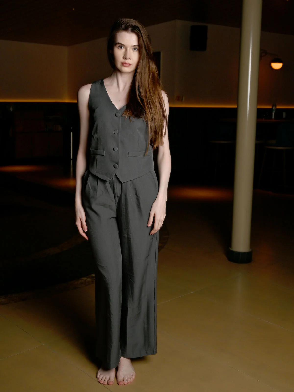 Odette Grey Linen Cotton Solid Co-Ord Set For Women - Image 2