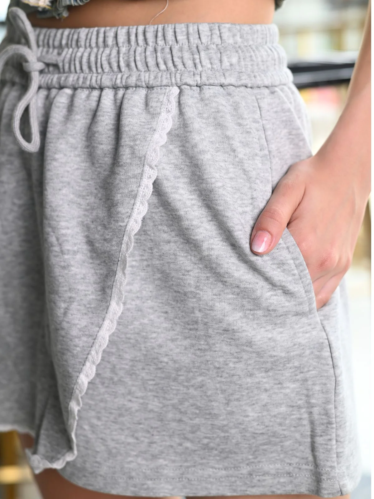 Odette Grey Melange Jersey Solid With Lace Wrap Shorts For Women - Image 6