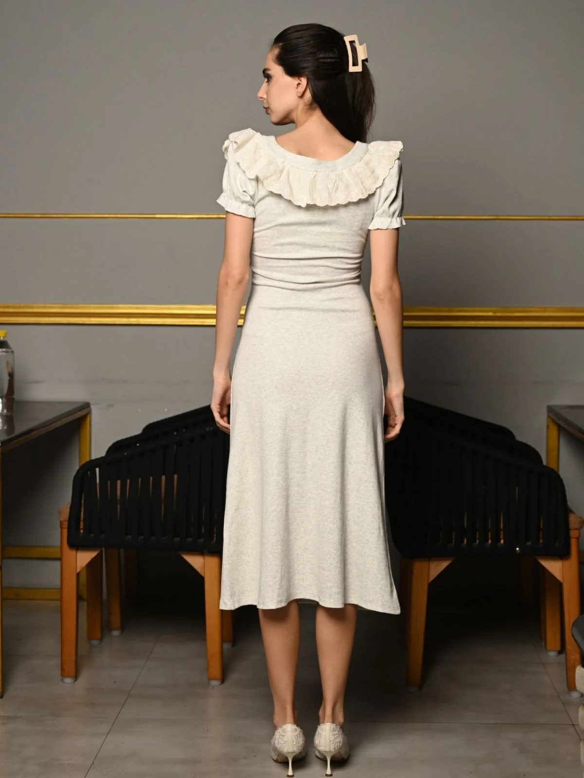 Odette Grey Melange Jersey Embroidered Dress for Women - Image 4