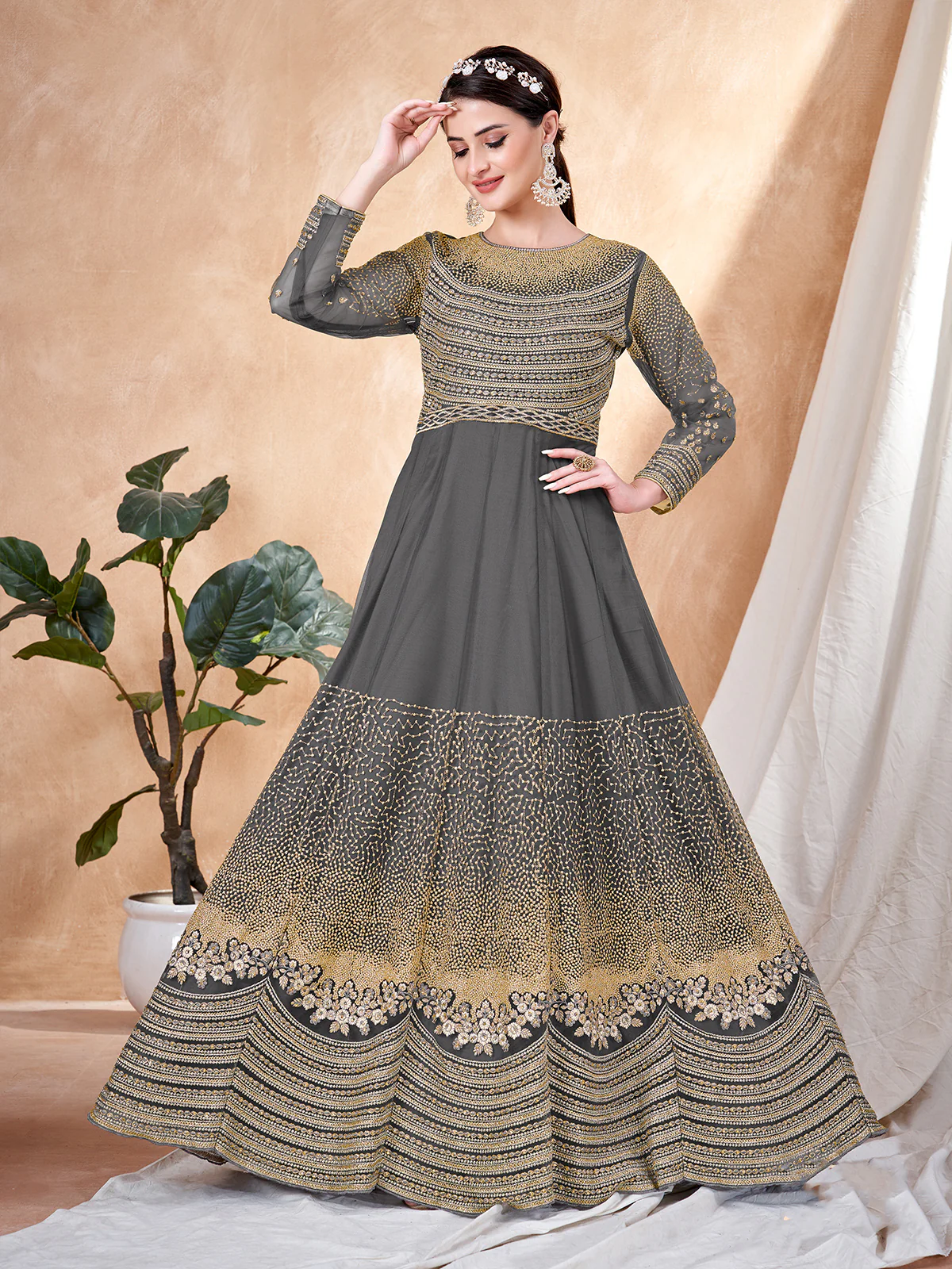 Odette Grey Net Embellished Semi stitched Kurta Set with Inner For Women - Image 2
