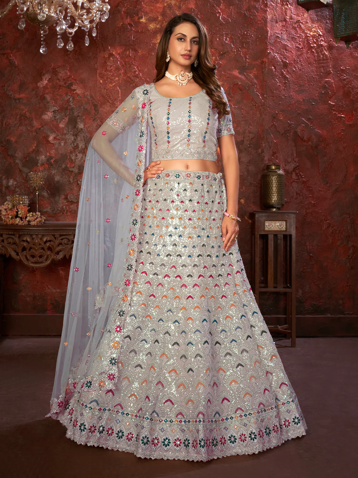 Odette Grey Net Embellished Semi Stitched Lehenga With Unstitched Blouse for Women - Image 2