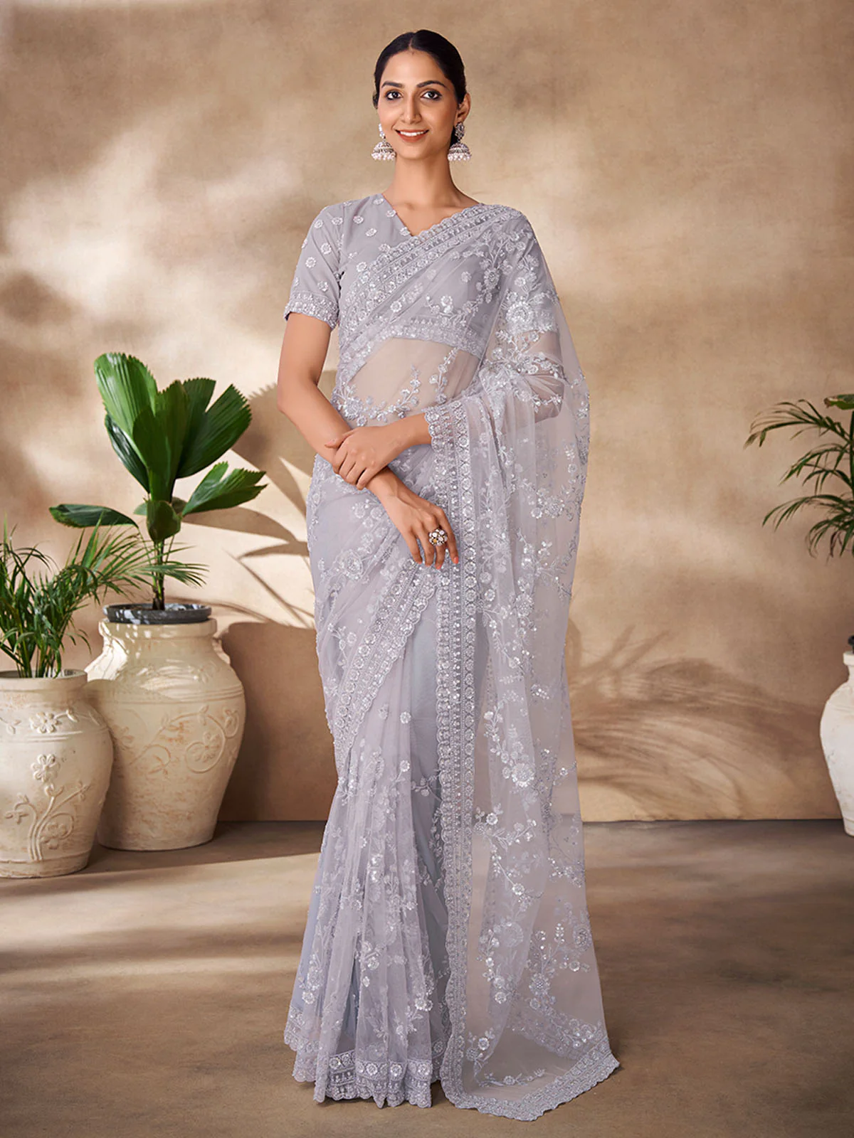Odette Grey Net Embroidered Saree With Unstitched Blouse For Women