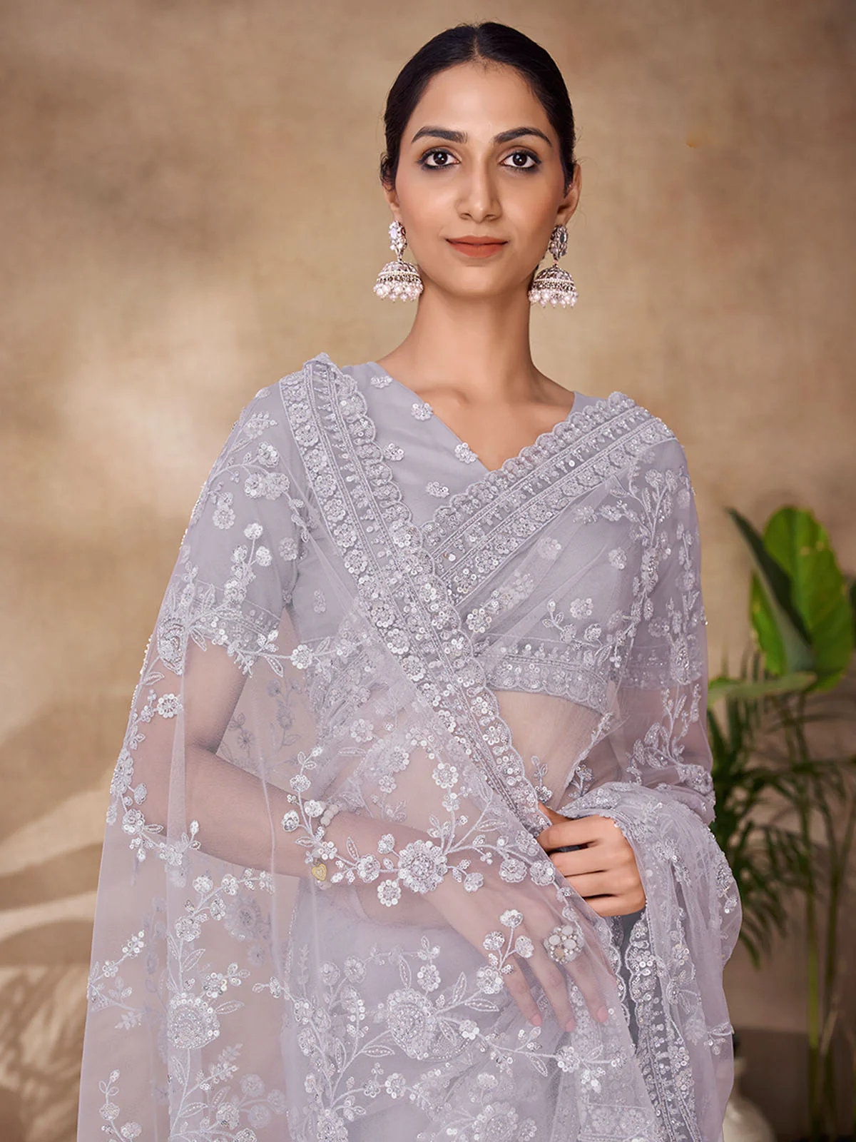 Odette Grey Net Embroidered Saree With Unstitched Blouse For Women - Image 2