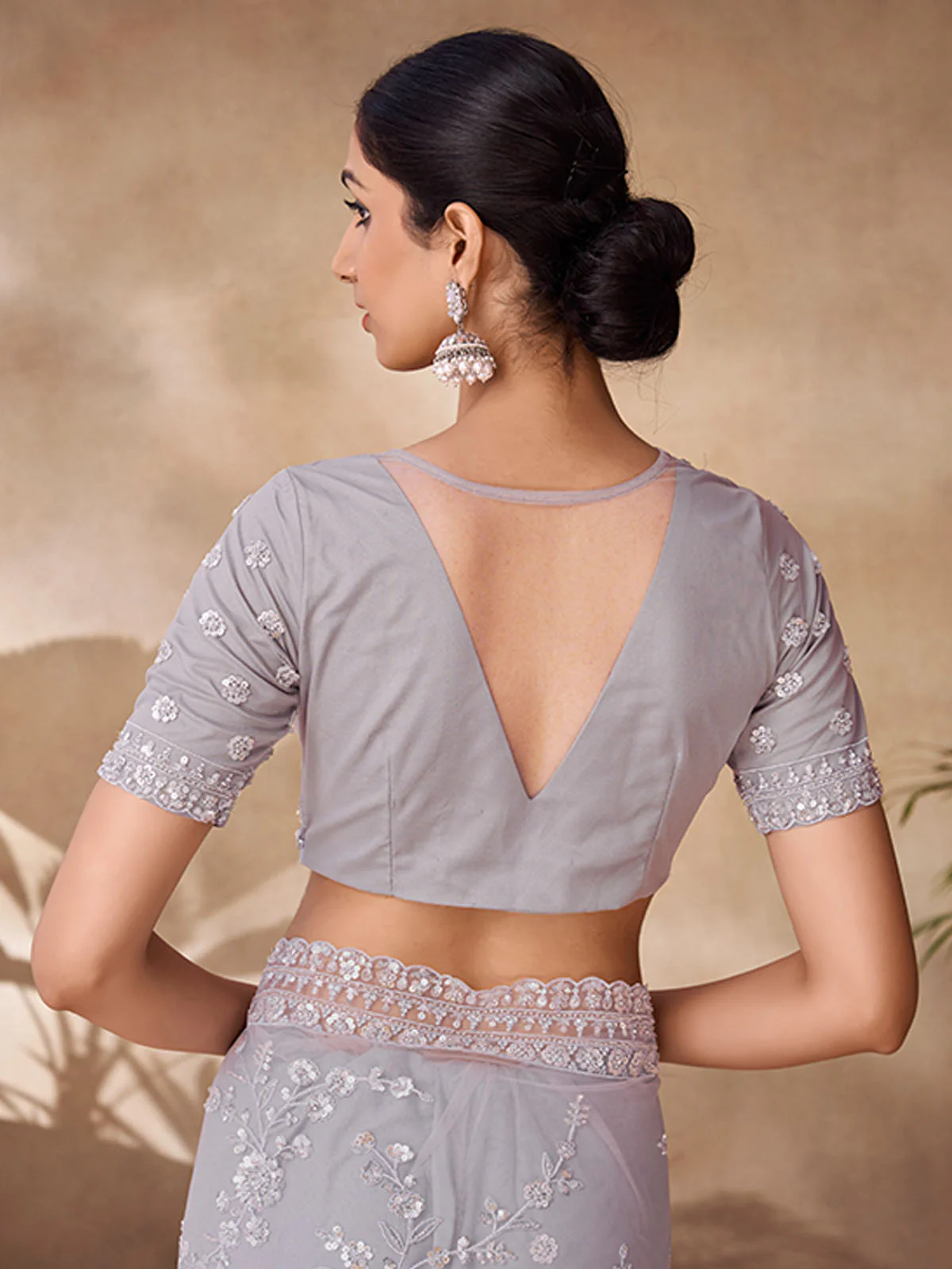 Odette Grey Net Embroidered Saree With Unstitched Blouse For Women - Image 4