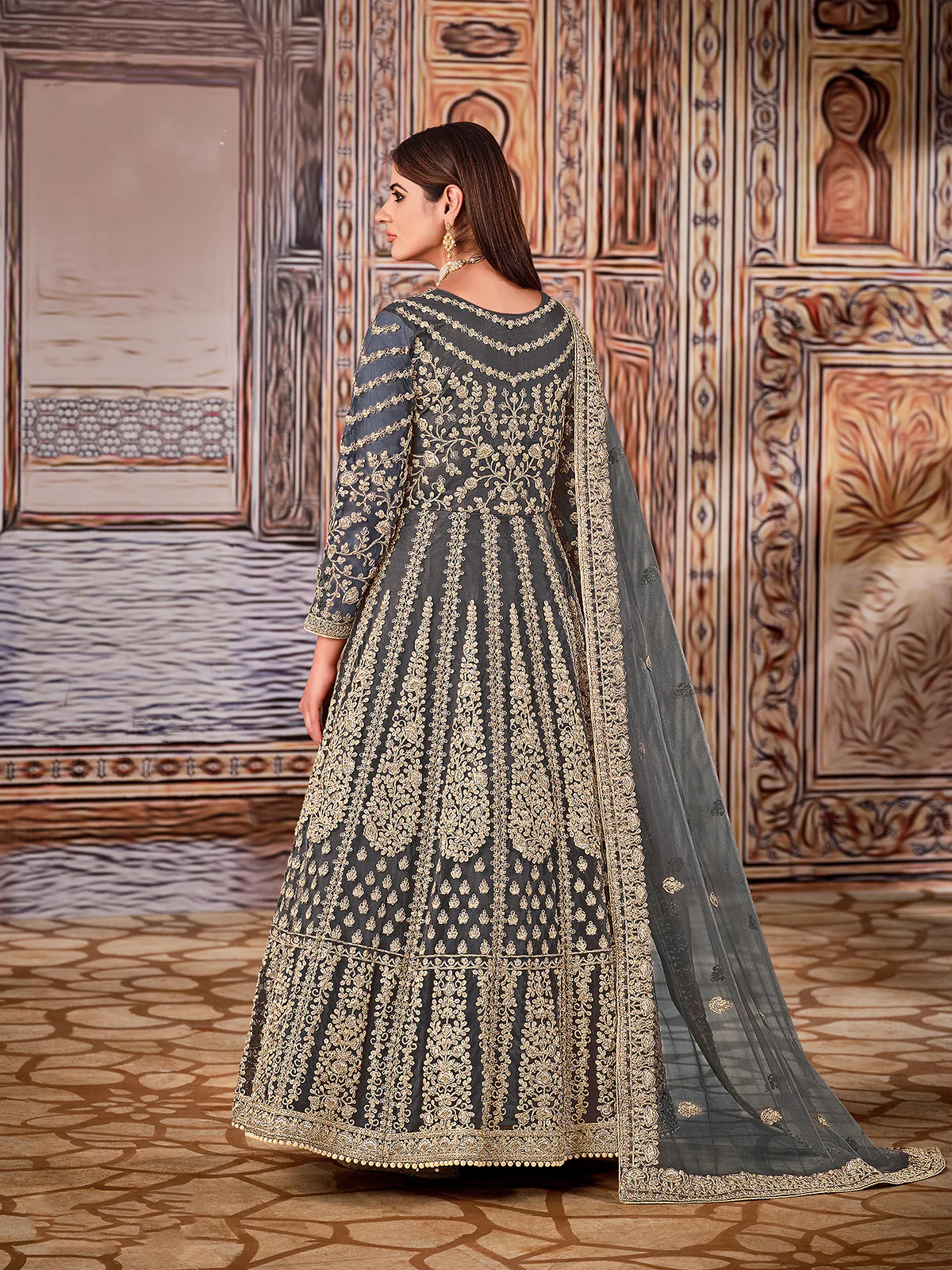 Odette Grey Net Embroidered Semi stitched Kurta Set with Inner For Women - Image 3