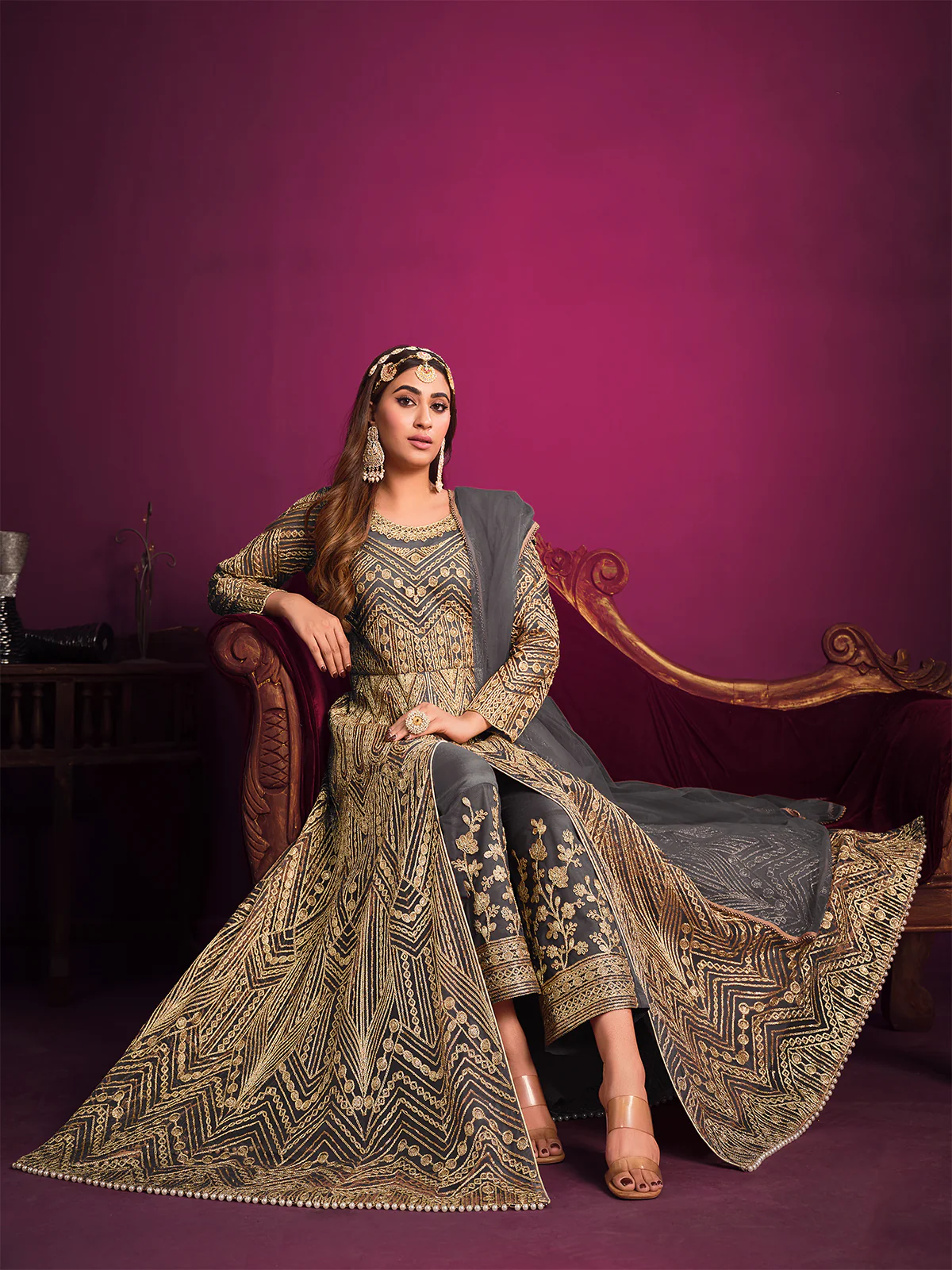 Odette Grey Net  Embroidered Semi stitched Kurta Set With Inner For Women - Image 2