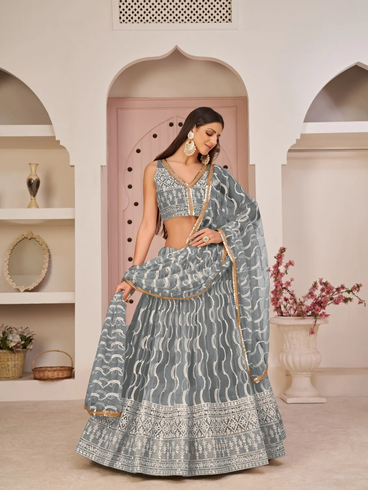 Odette Grey Net Embroidered Semi Stitched Lehenga For Women - Image 2