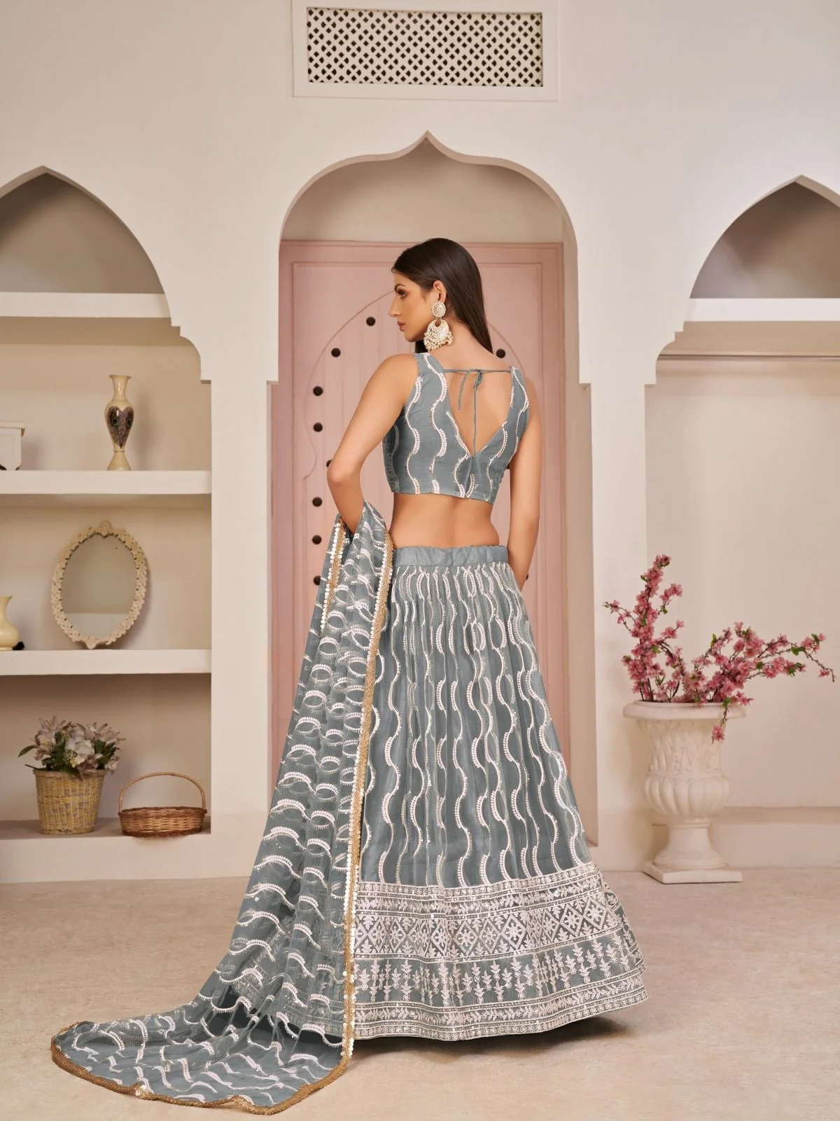 Odette Grey Net Embroidered Semi Stitched Lehenga For Women - Image 3