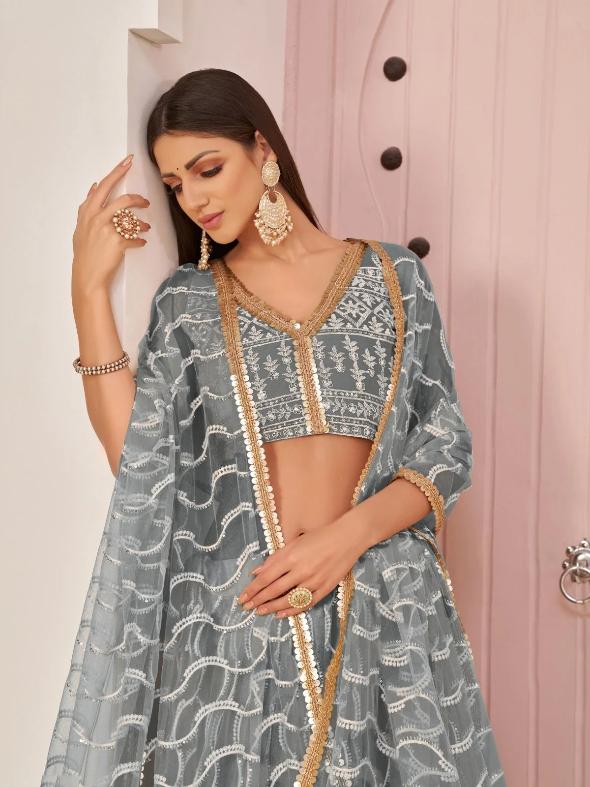 Odette Grey Net Embroidered Semi Stitched Lehenga For Women - Image 4