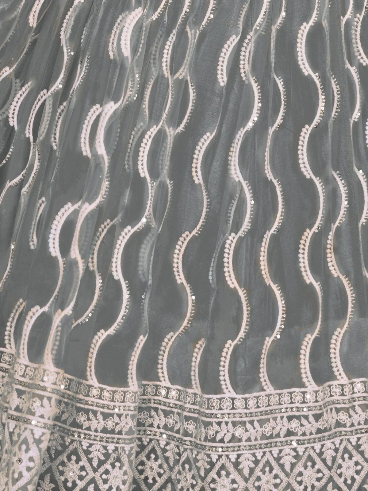 Odette Grey Net Embroidered Semi Stitched Lehenga For Women - Image 5