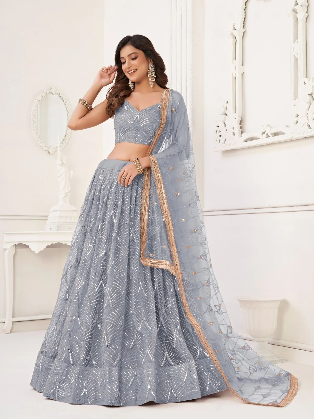 Odette Grey Net Embroidered Semi Stitched Lehenga For Women - Image 2