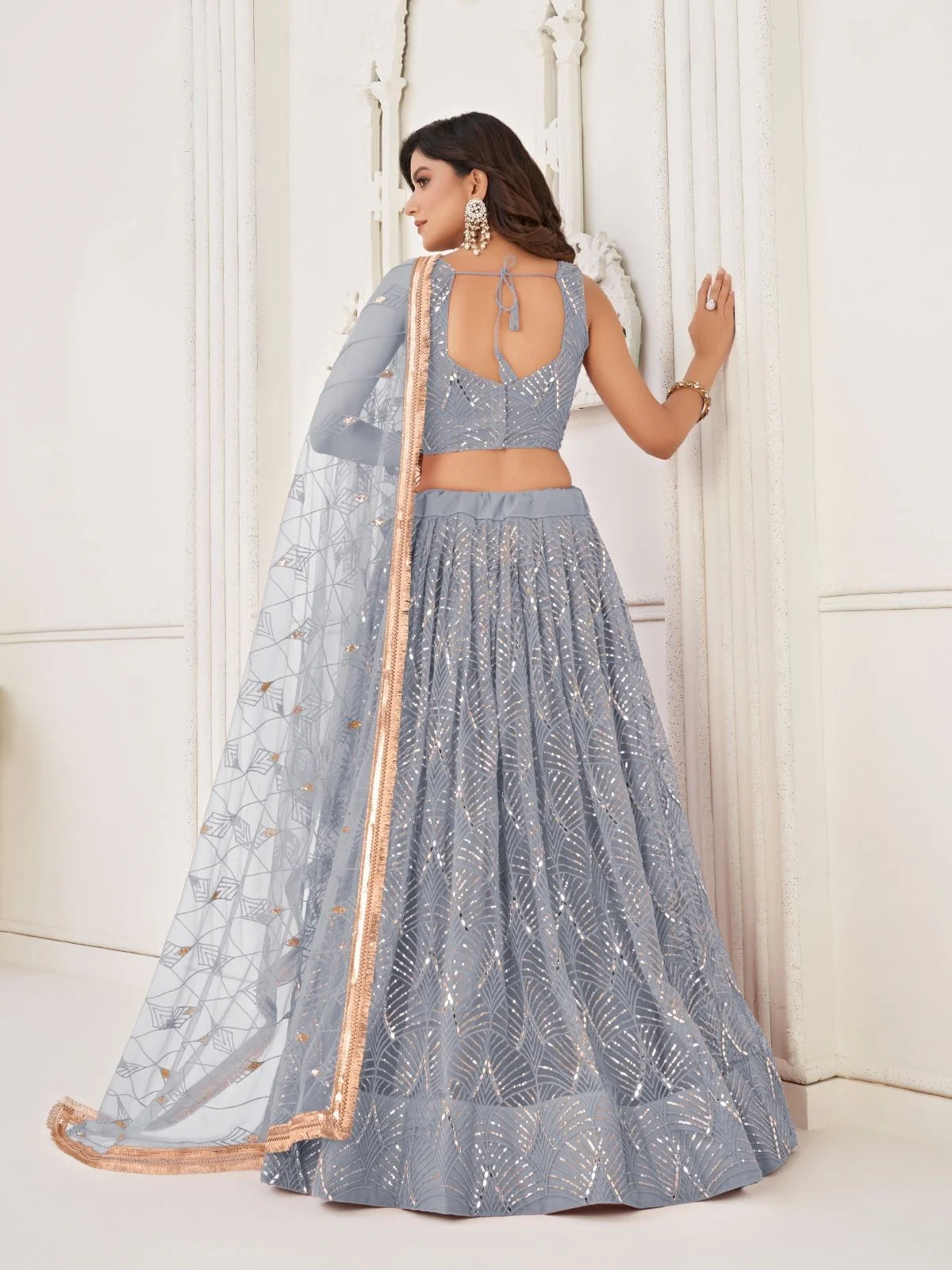 Odette Grey Net Embroidered Semi Stitched Lehenga For Women - Image 3