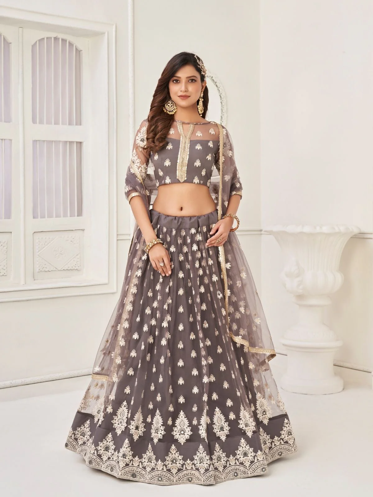 Odette Grey Net Embroidered Semi Stitched Lehenga For Women - Image 2