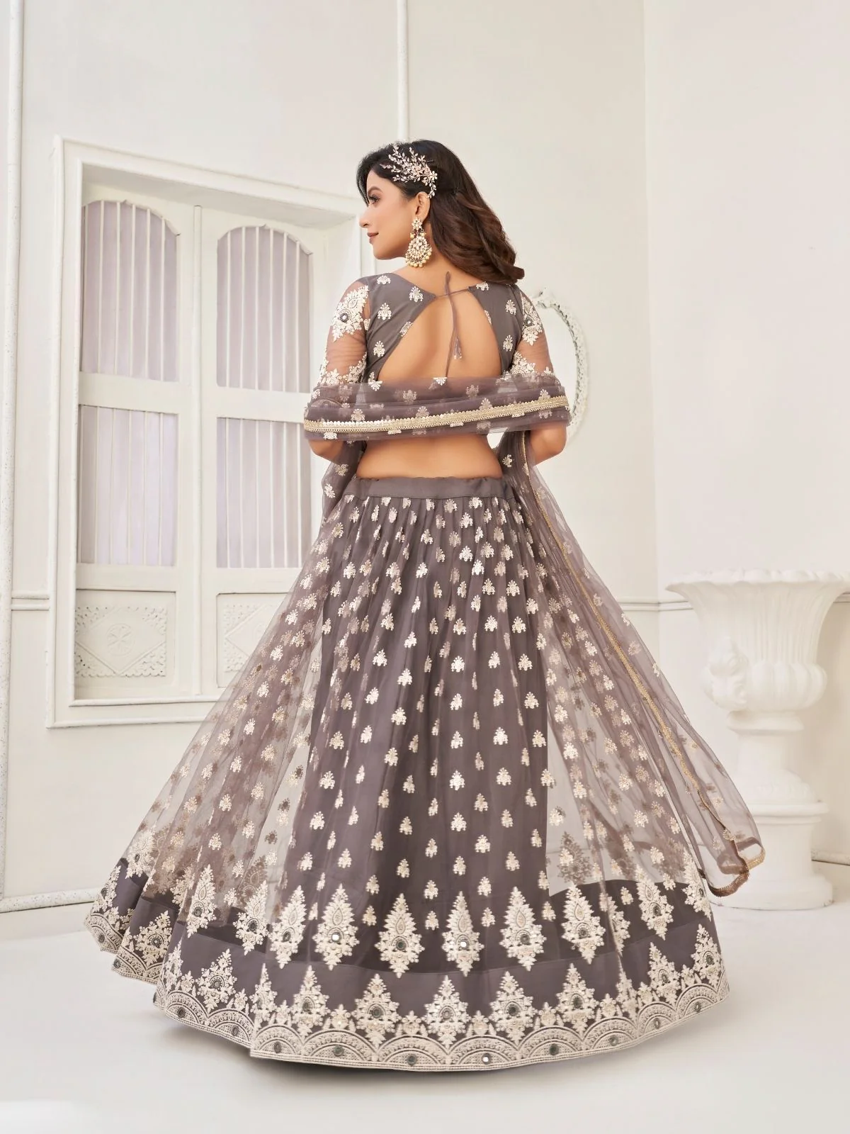 Odette Grey Net Embroidered Semi Stitched Lehenga For Women - Image 3