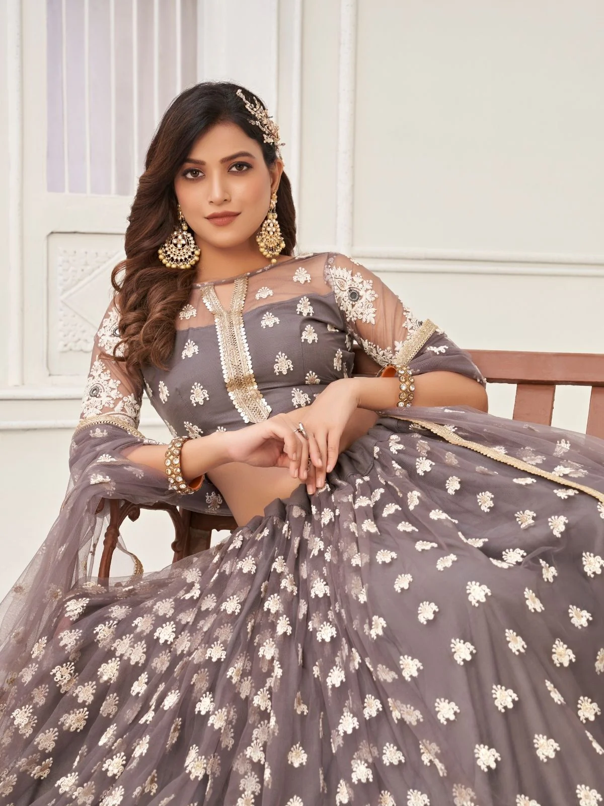 Odette Grey Net Embroidered Semi Stitched Lehenga For Women - Image 4