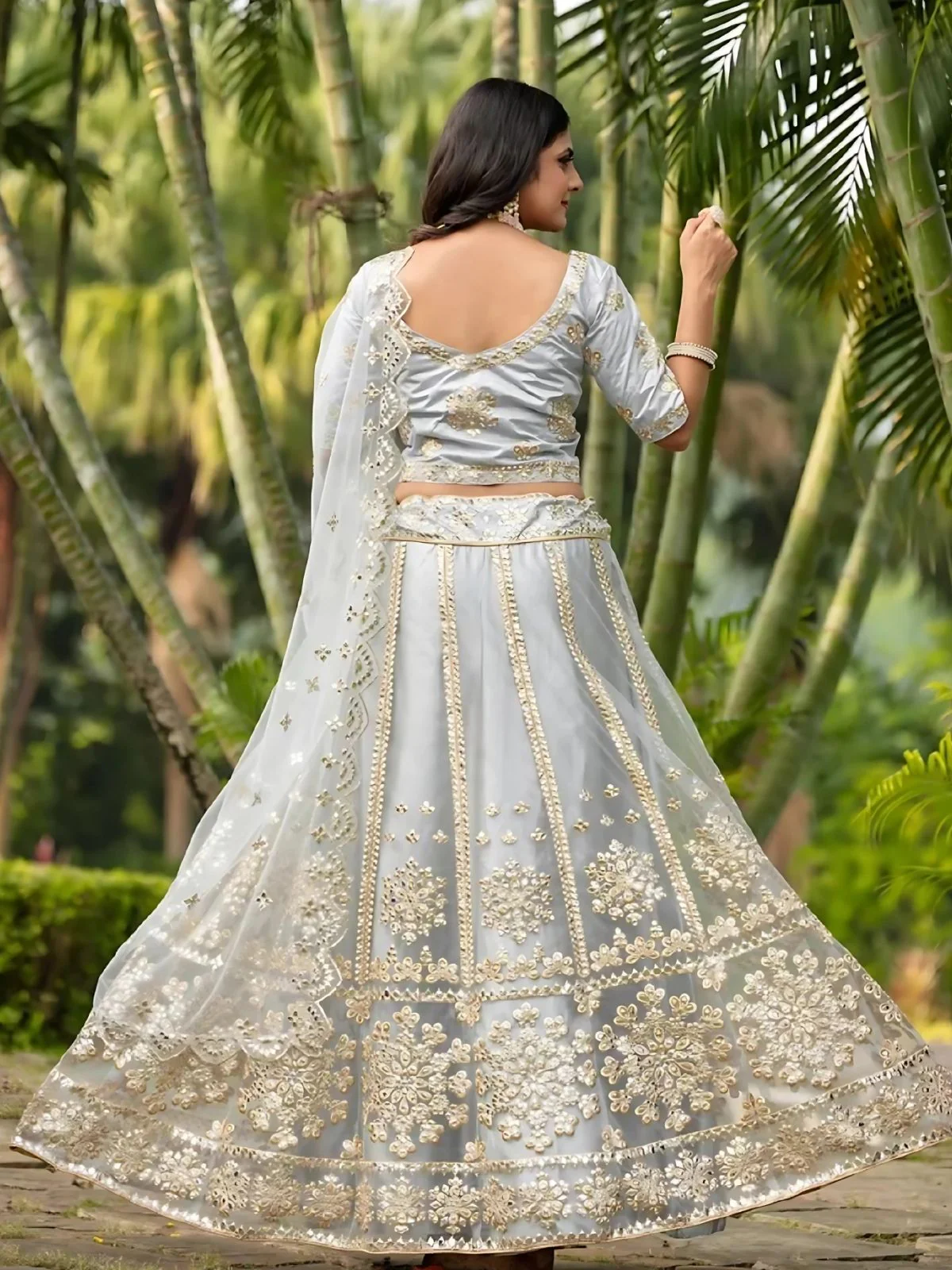 Odette Grey Net Embroidered Semi-Stitched Lehenga For Women - Image 2