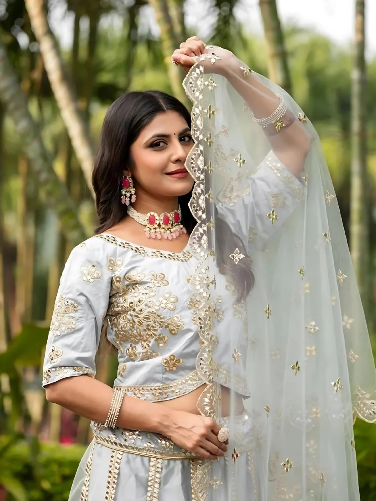 Odette Grey Net Embroidered Semi-Stitched Lehenga For Women - Image 4