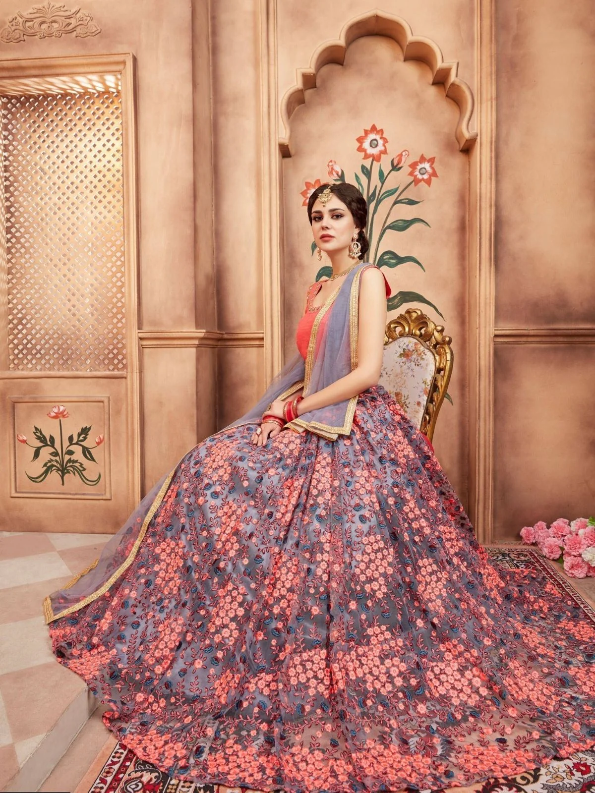 Odette Grey Net Embroidered Semi-Stitched lehenga For Women - Image 4