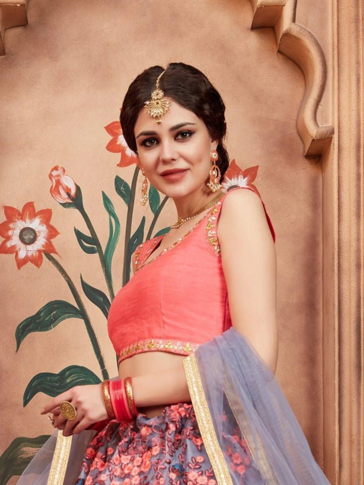Odette Grey Net Embroidered Semi-Stitched lehenga For Women - Image 6