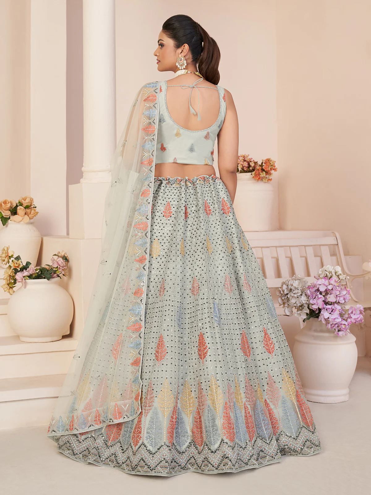 Odette Grey Georgette Embroidered Semi Stitched Lehenga With Unstitched Blouse for Women - Image 3