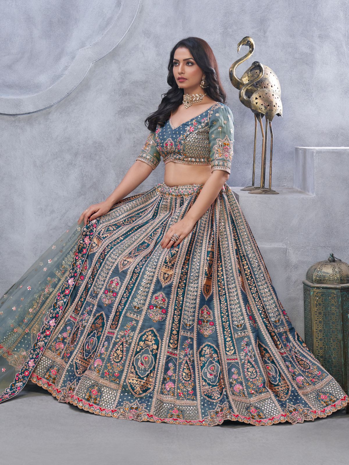 Odette Grey Organza Embellished Semi-Stitched Lehenga With Unstitched Blouse For Women - Image 2