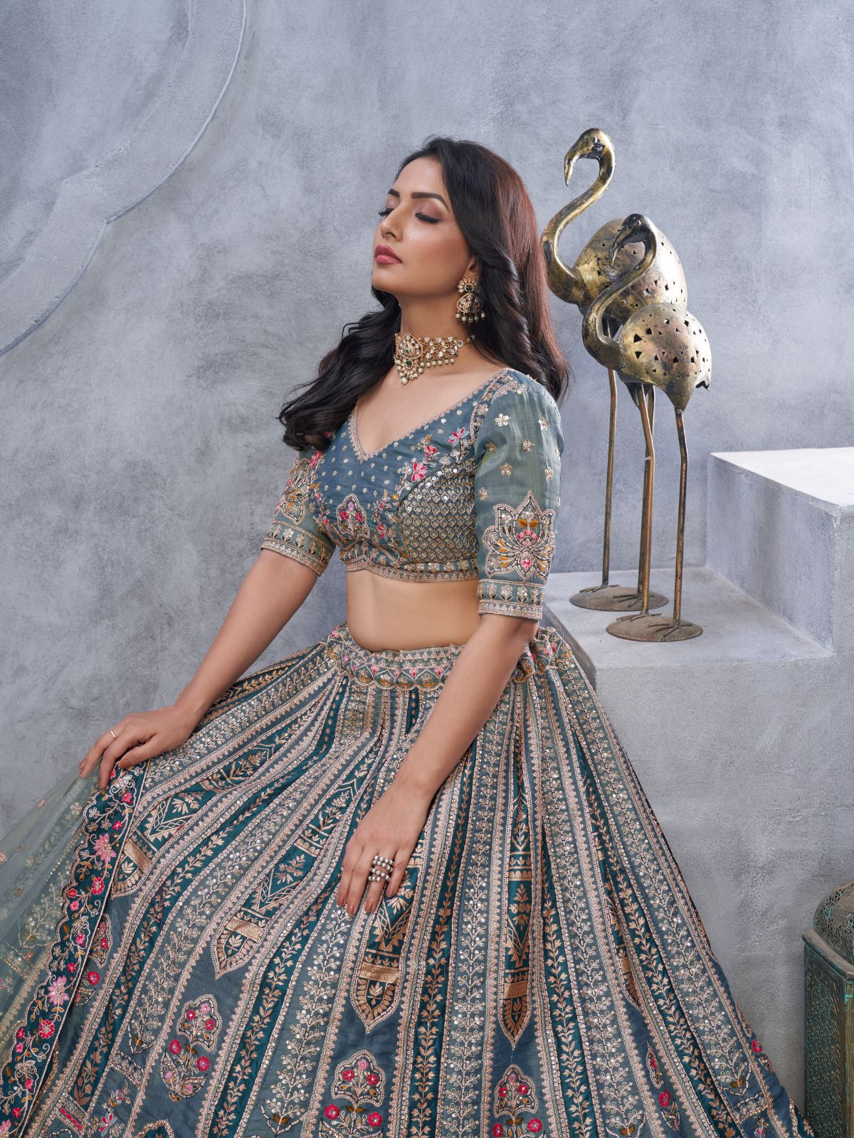 Odette Grey Organza Embellished Semi-Stitched Lehenga With Unstitched Blouse For Women - Image 3