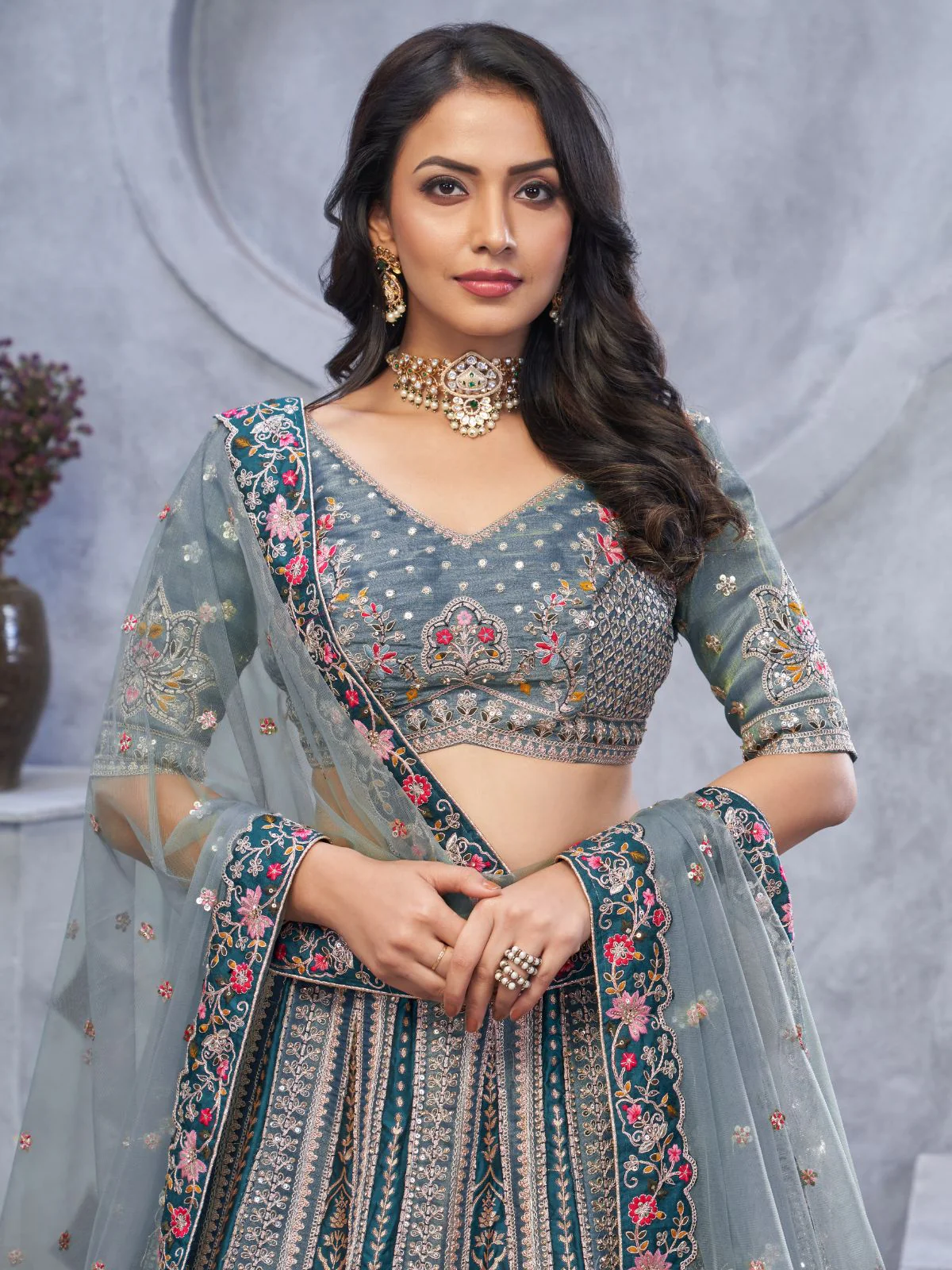 Odette Grey Organza Embellished Semi-Stitched Lehenga With Unstitched Blouse For Women - Image 4