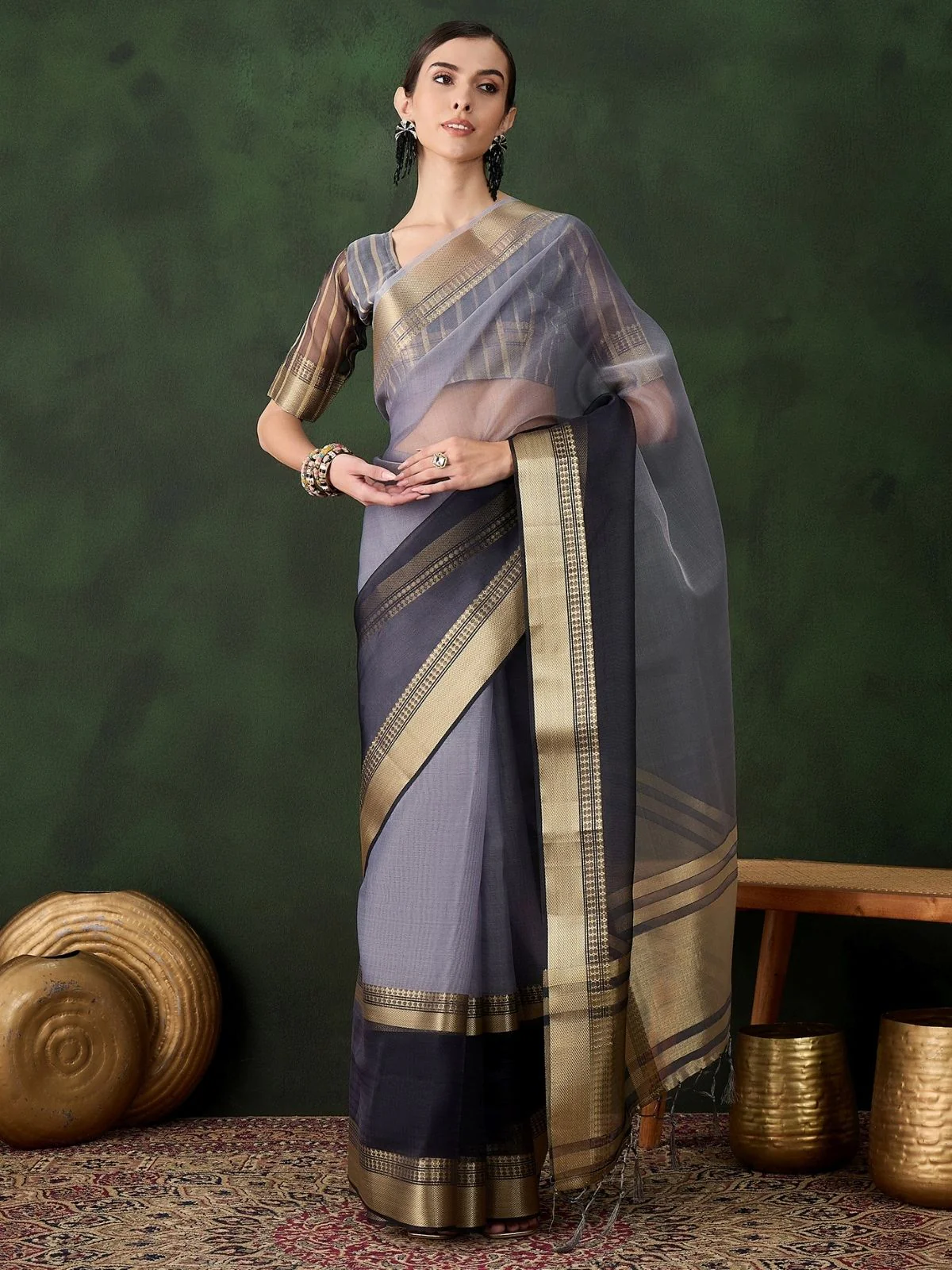Odette Grey Organza Woven Saree With Unstitched Blouse For Women