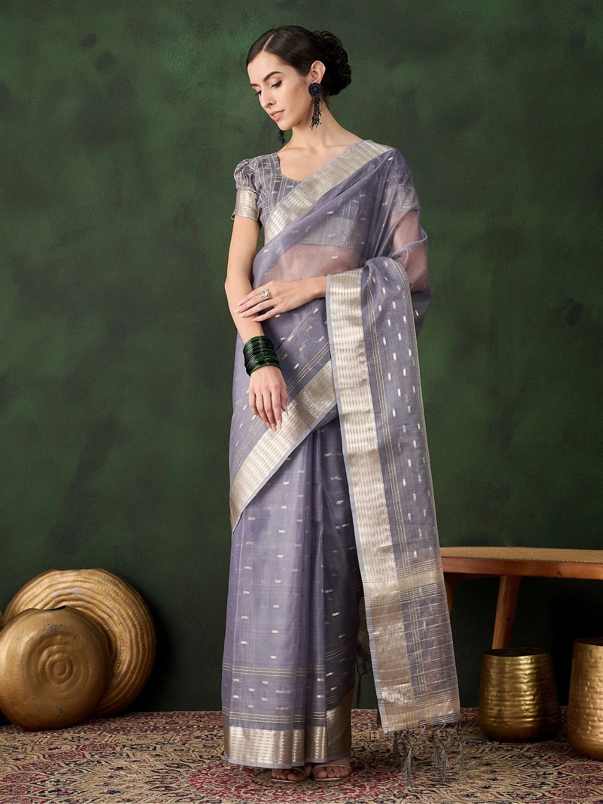 Odette Grey Organza Woven Saree With Unstitched Blouse For Women