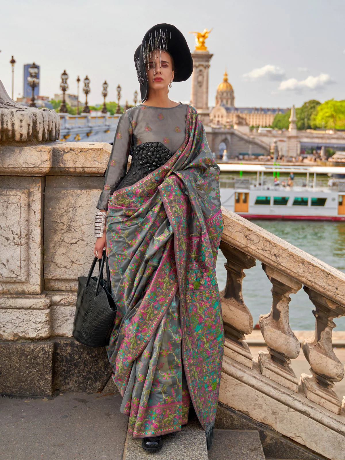 Odette Grey Organza Woven Saree With Unstitched Blouse For Women