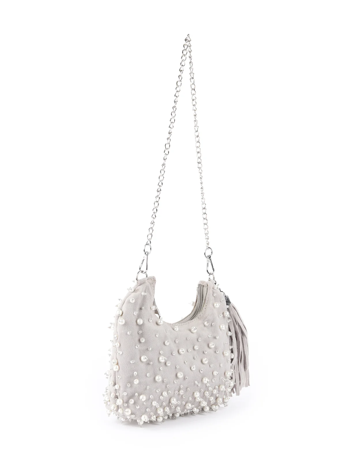 Odette Grey Pearl Embroidered Moon Clutch For Women - Image 4