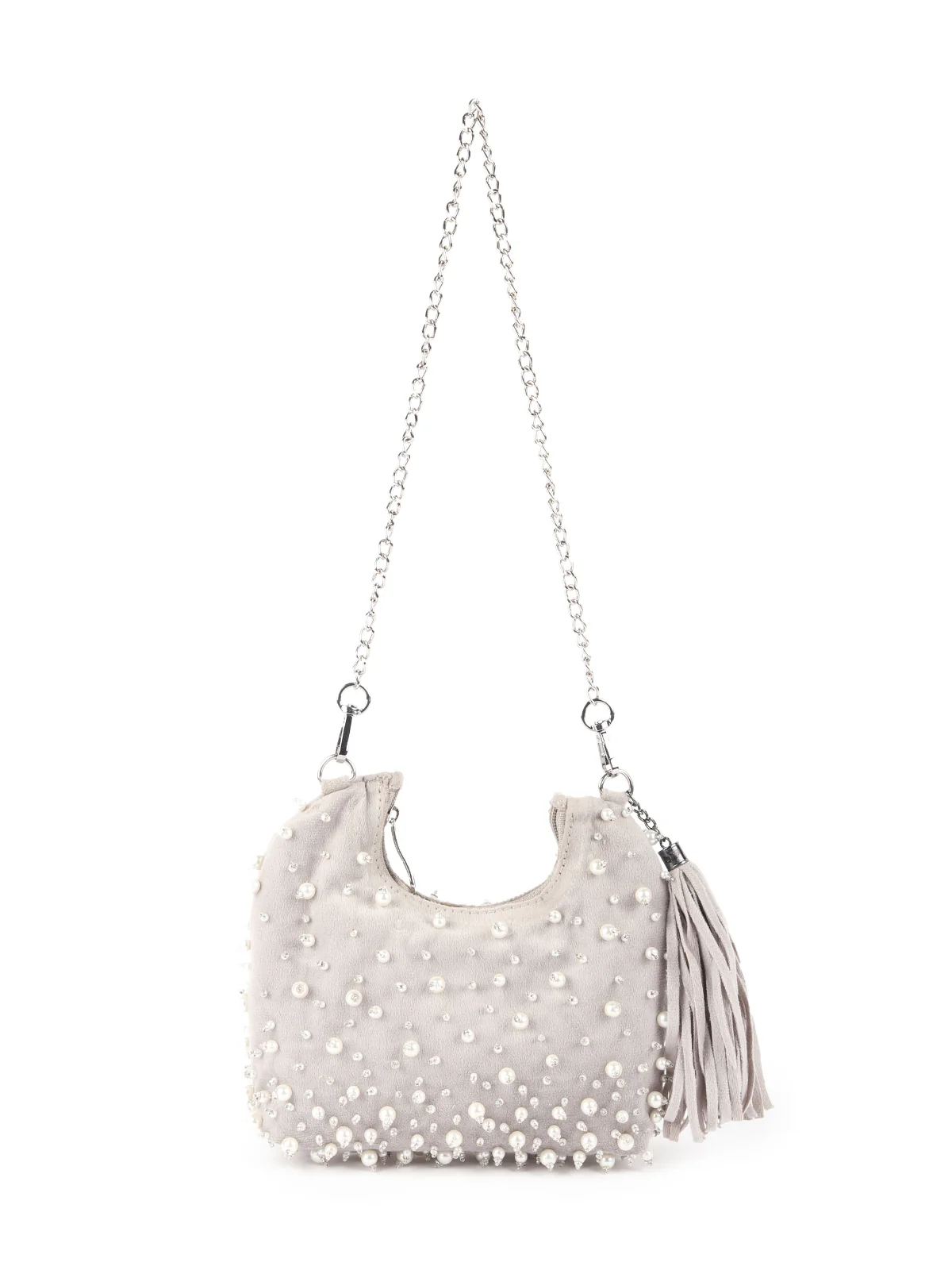 Odette Grey Pearl Embroidered Moon Clutch For Women - Image 5